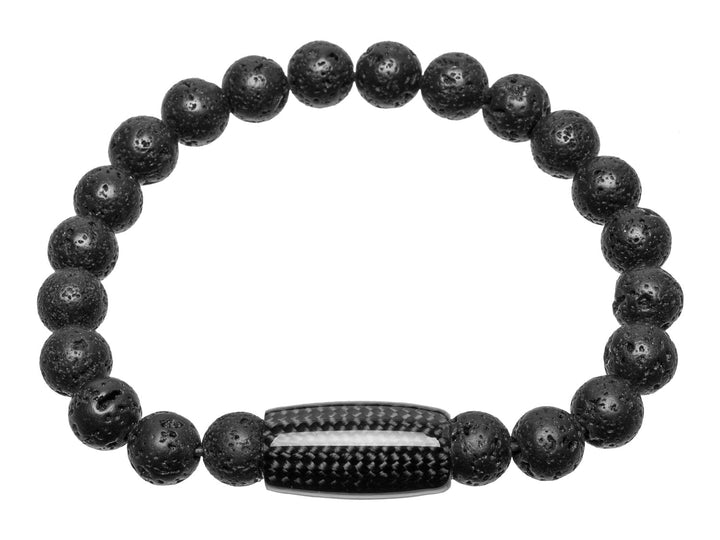 Carbon Fiber and Lava Rock Beaded Bracelet displayed in a circle showing the full strand of black volcanic lava stone beads and glossy carbon fiber magnetic clasp with twill weave pattern.