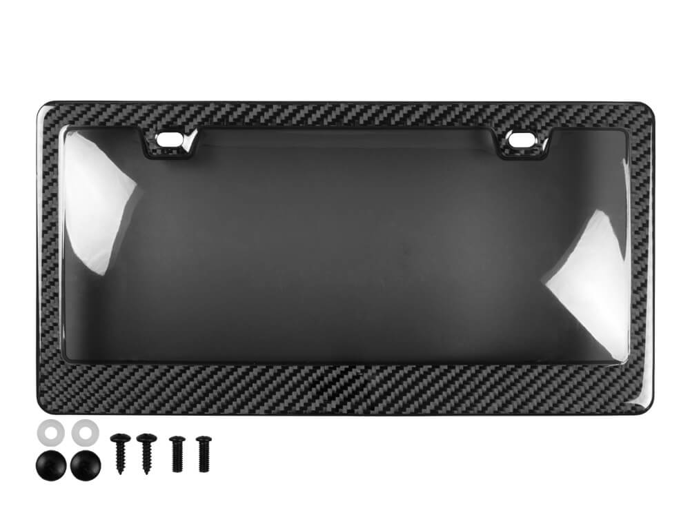 Carbon fiber license plate frame with integrated bubble-contoured tinted window, showing complete installation hardware kit
