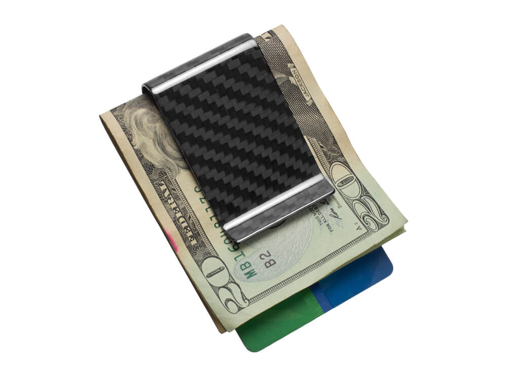 High-gloss carbon fiber money clip securing cash and cards