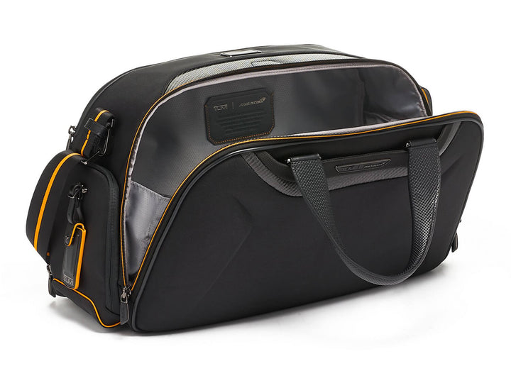 TUMI x McLaren Quantum carbon fiber duffel bag, open