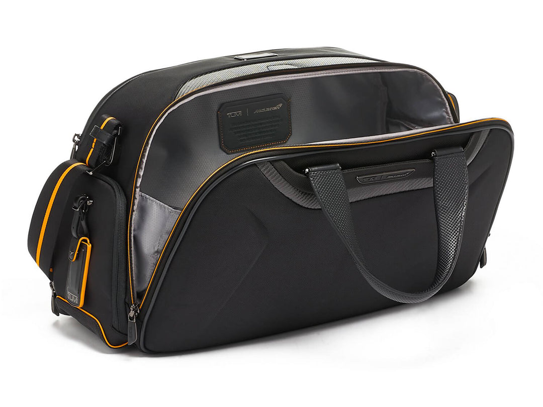 TUMI x McLaren Quantum carbon fiber duffel bag, open