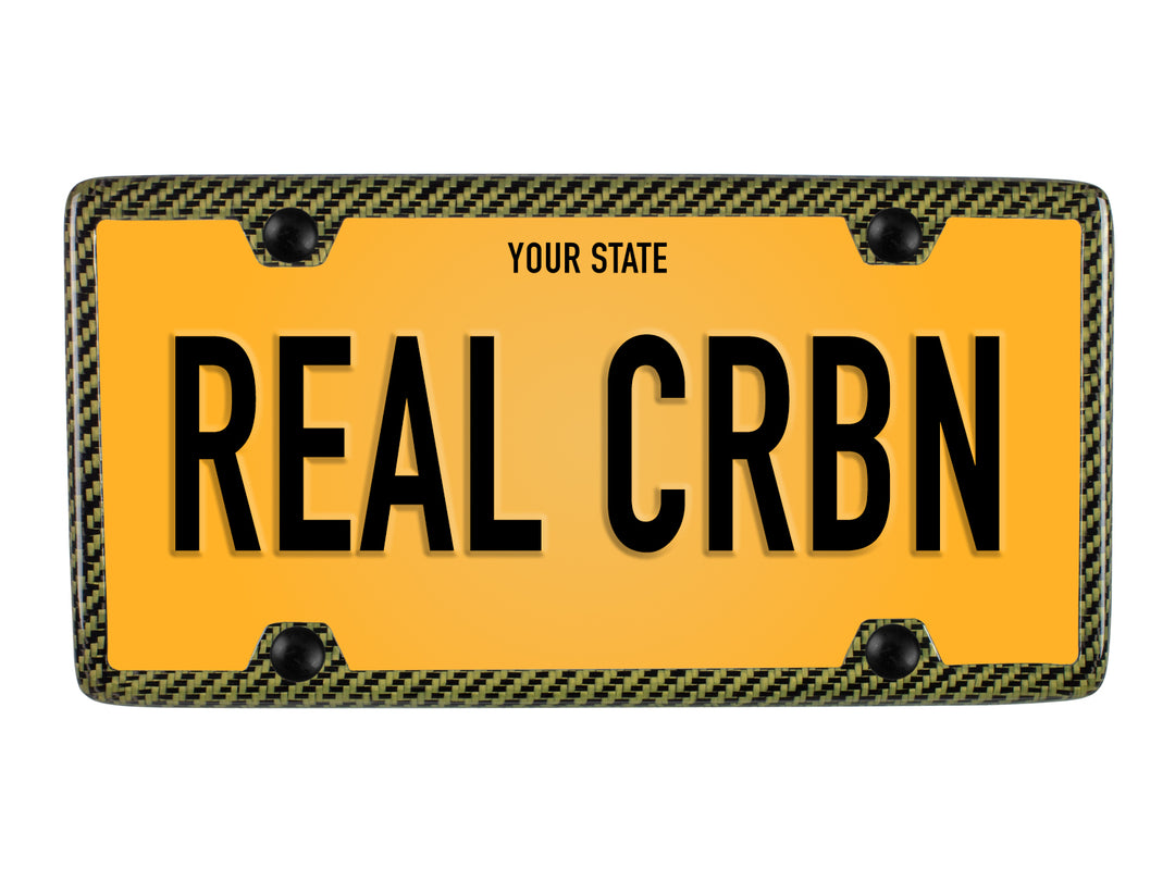 Yellow carbon fiber / aramid license plate frame with 4 holes and gloss finish