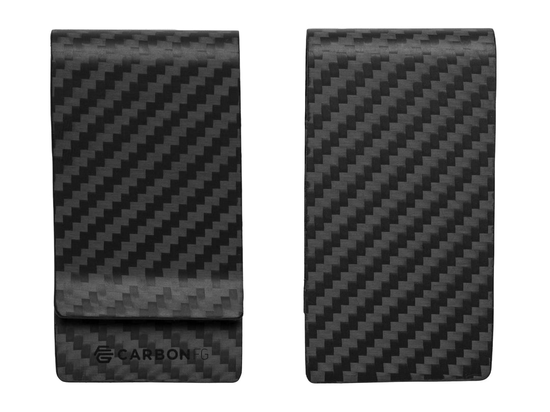 Front and back view of the carbon fiber money clip with CarbonFG logo