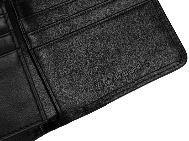 Up close on logo for carbon fiber wallet