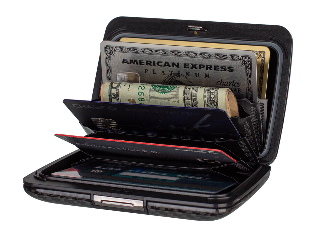 Ogon Smart Case V2 (formerly Stockholm V2) carbon fiber wallet, open with cards inside