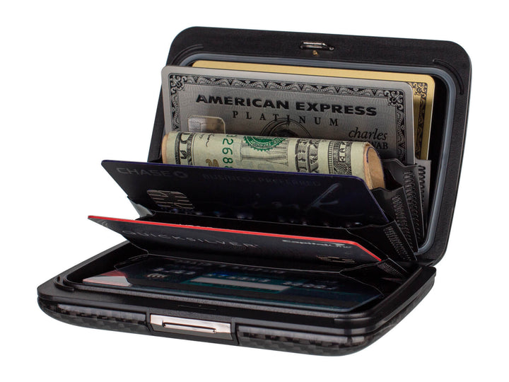 Ogon Smart Case V2 (formerly Stockholm V2) carbon fiber wallet, open with cards inside