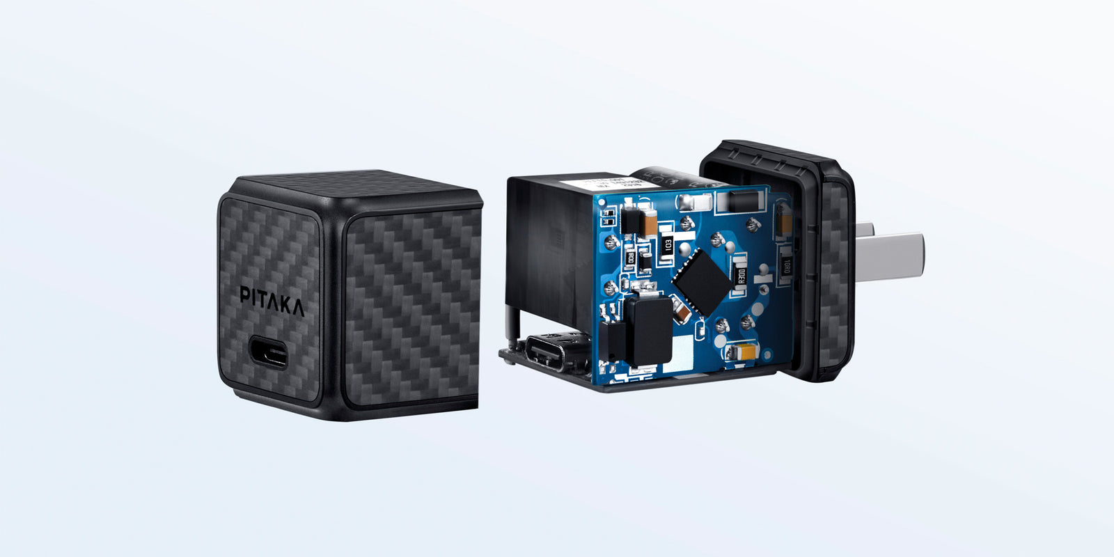 USB C charger split in half to show internals